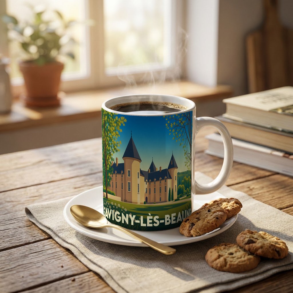 Mug souvenir de Savigny-lès-Beaune avec une illustration stylisée d'un château.