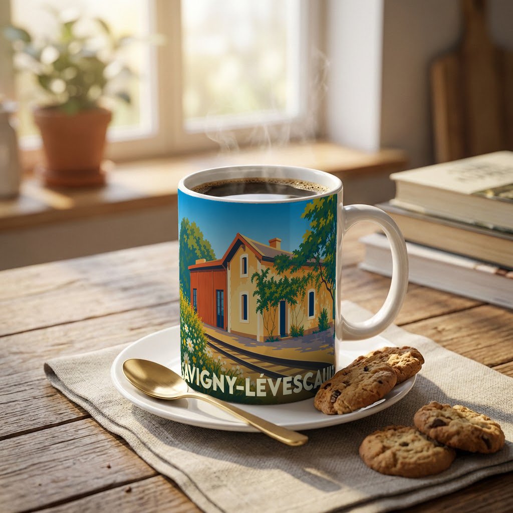 Mug souvenir de la ville de Savigny-Lévescault illustré d'un paysage de gare champêtre.