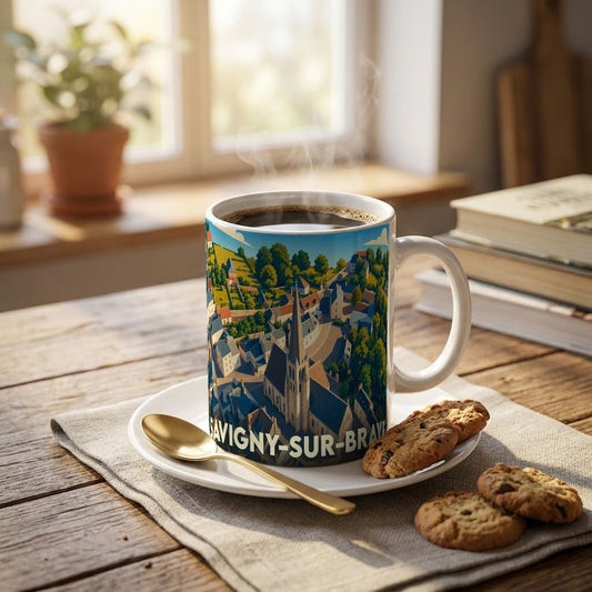 Mug souvenir de la ville de Savigny-sur-Braye orné d'une illustration panoramique colorée.
