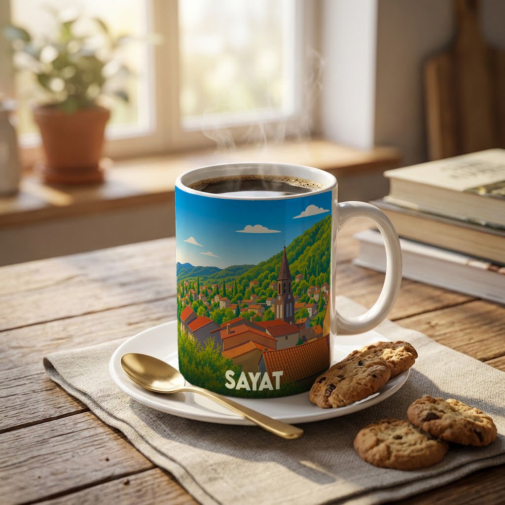 Mug souvenir de la ville de Sayat orné d'une illustration stylisée d'un village vallonné.