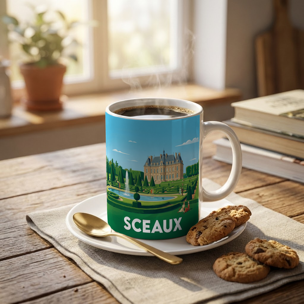 Mug souvenir de la ville de Sceaux avec une illustration stylisée de son château.