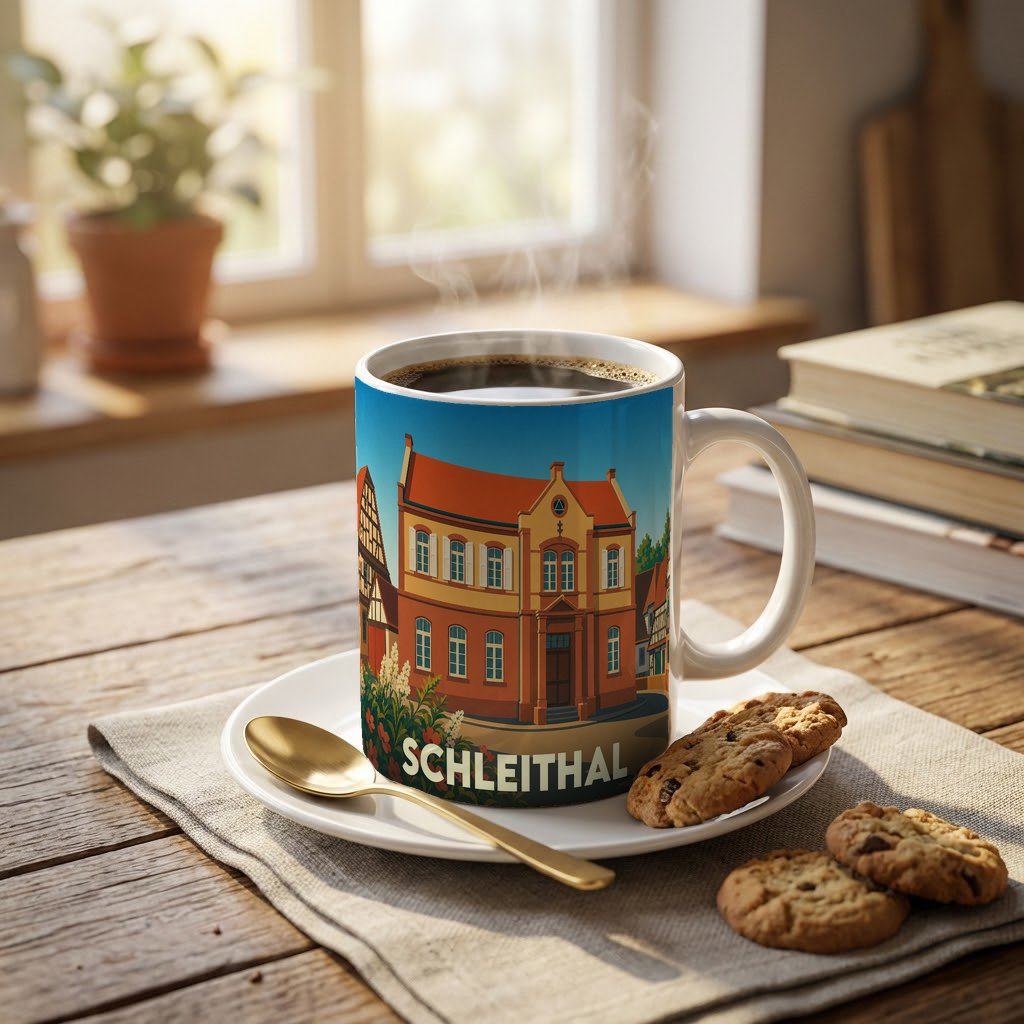 Mug souvenir de la ville de Schleithal avec une illustration stylisée d'un bâtiment traditionnel.