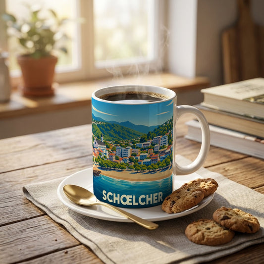 Mug souvenir de la ville de Schœlcher avec une illustration stylisée d'un paysage côtier.