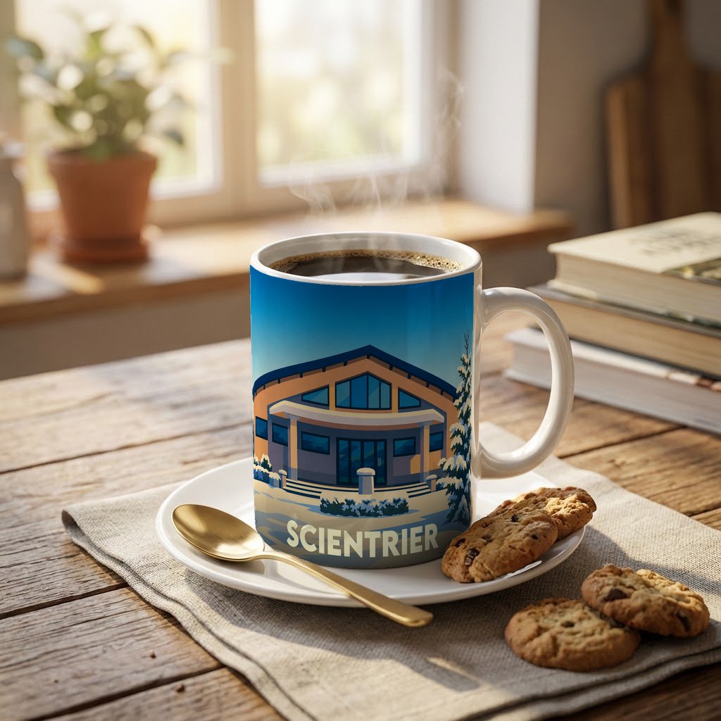 Mug souvenir de la ville de Scientrier orné d'une illustration stylisée de son bâtiment emblématique sous la neige.
