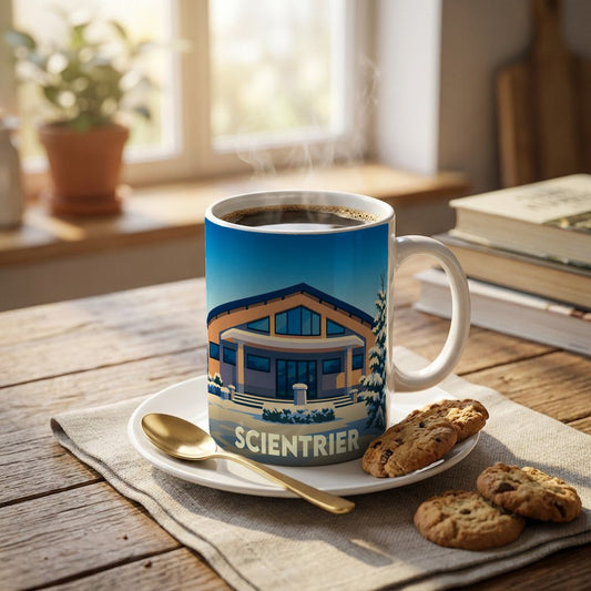 Mug souvenir de la ville de Scientrier orné d'une illustration stylisée de son bâtiment emblématique sous la neige.
