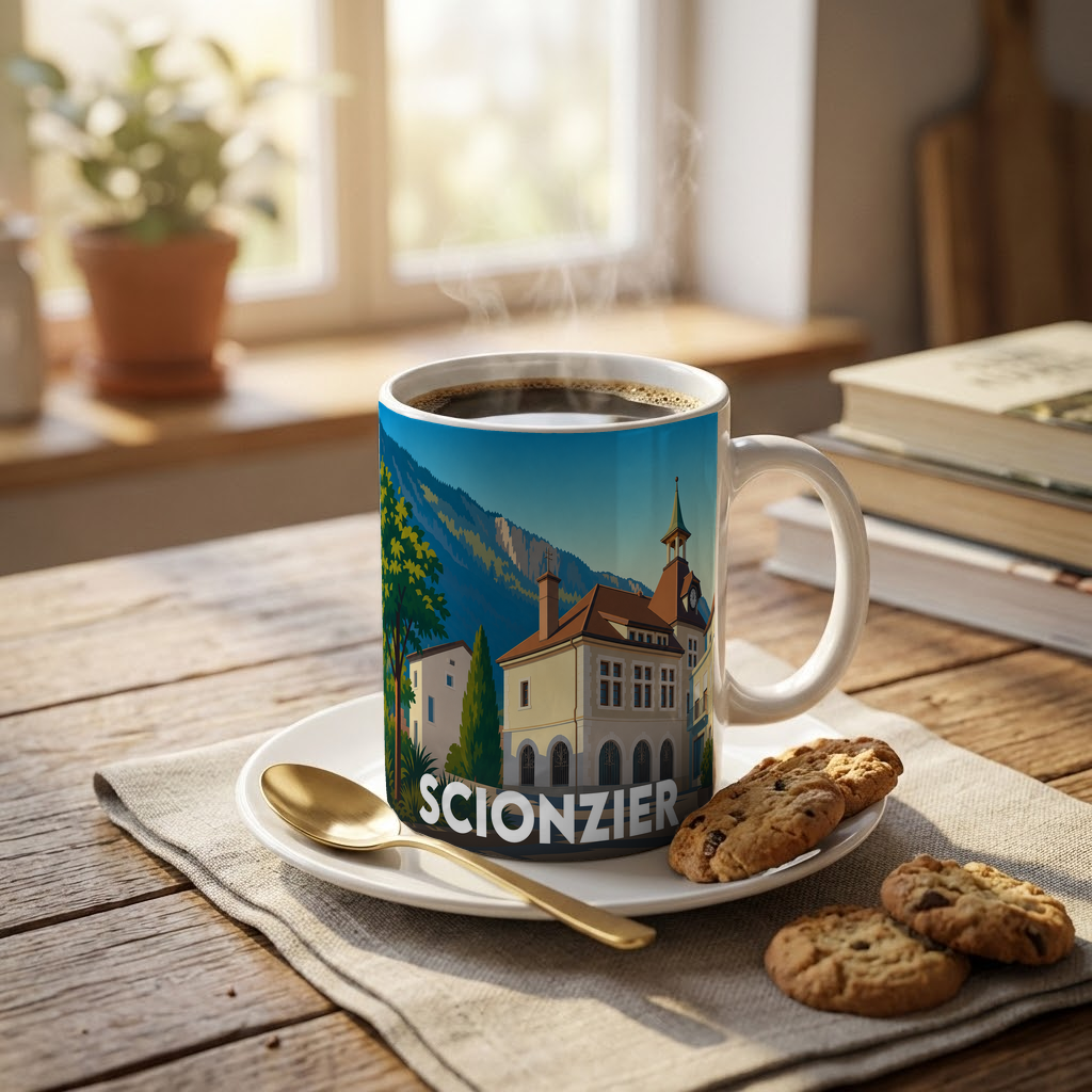 Mug souvenir de la ville de Scionzier orné d'une illustration stylisée de son architecture et de ses montagnes.
