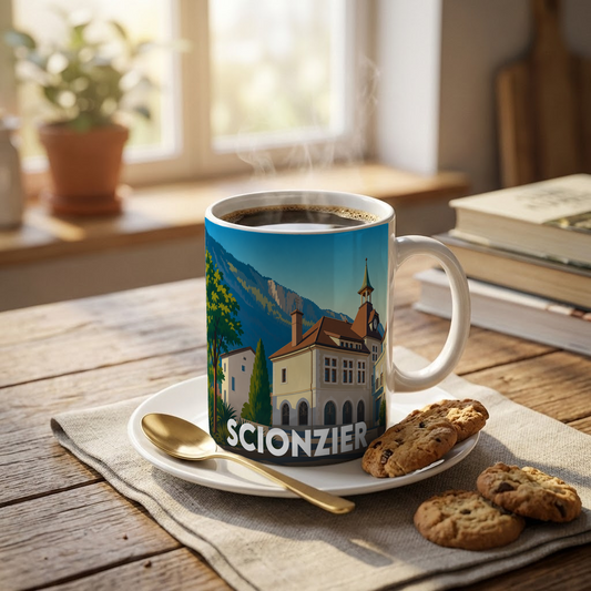 Mug souvenir de la ville de Scionzier orné d'une illustration stylisée de son architecture et de ses montagnes.