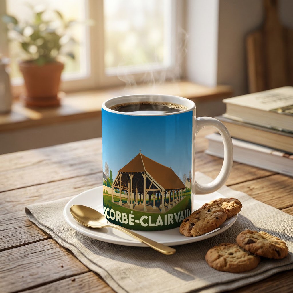 Mug souvenir de la ville de Scorbé-Clairvaux avec une illustration stylisée de ses halles historiques.