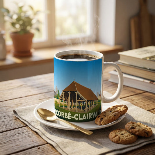 Mug souvenir de la ville de Scorbé-Clairvaux avec une illustration stylisée de ses halles historiques.