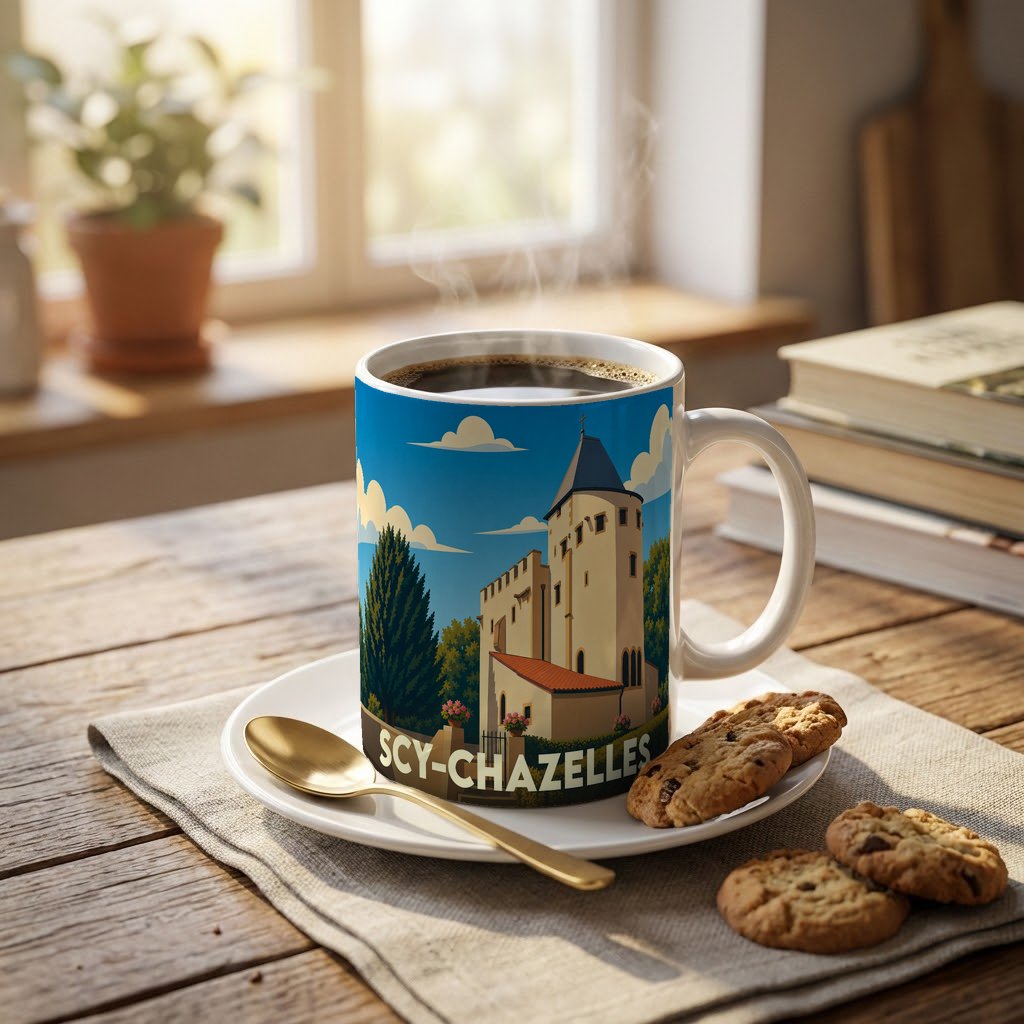 Mug souvenir de la ville de Scy-Chazelles avec une illustration stylisée de son église fortifiée.