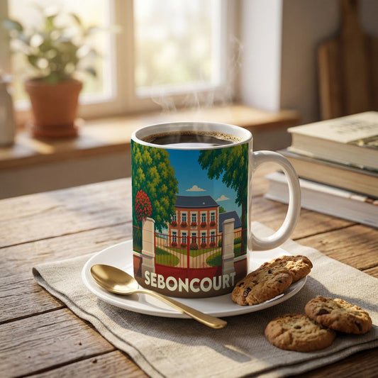 Mug souvenir de la ville de Seboncourt orné d'une illustration stylisée de son patrimoine.