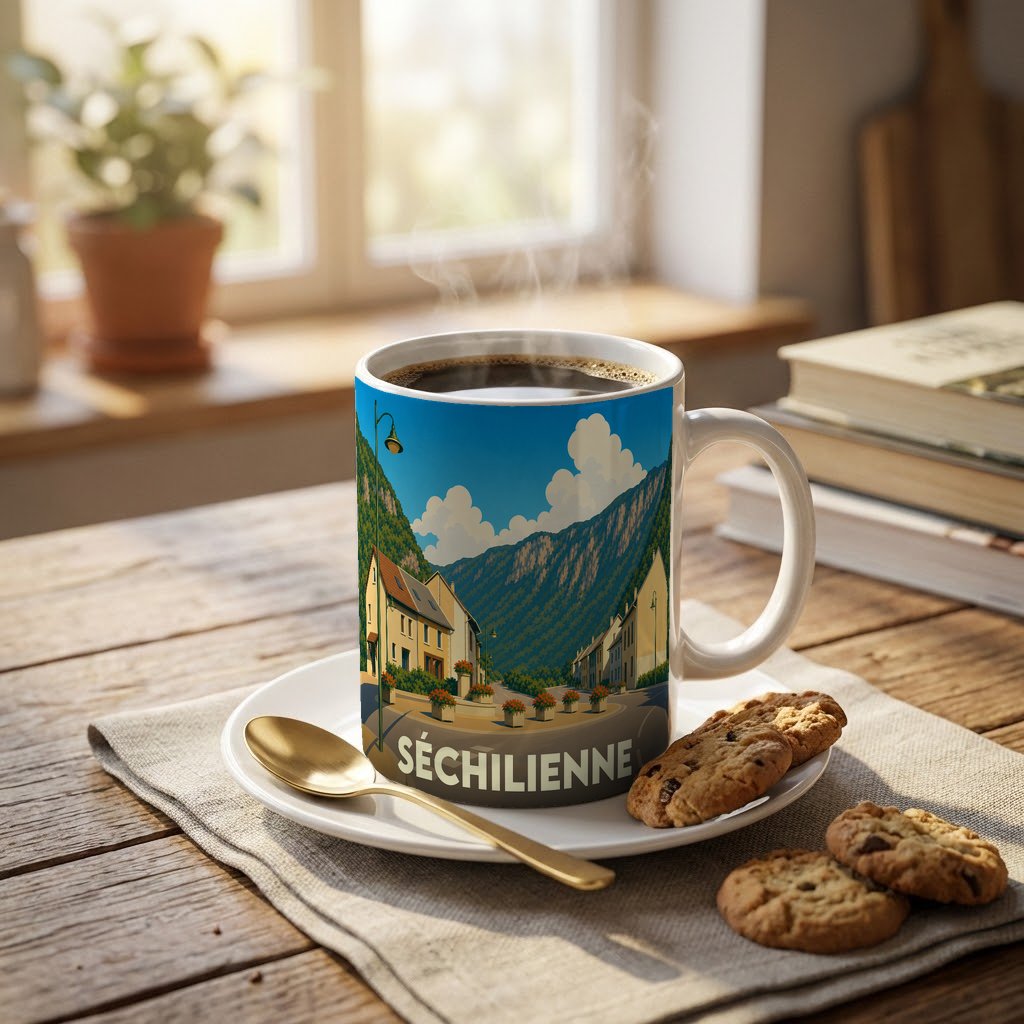 Mug souvenir de la ville de Séchilienne avec une illustration stylisée de son paysage montagneux.
