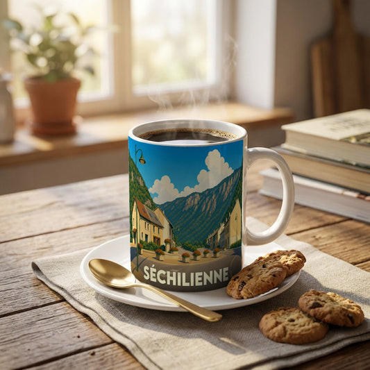 Mug souvenir de la ville de Séchilienne avec une illustration stylisée de son paysage montagneux.