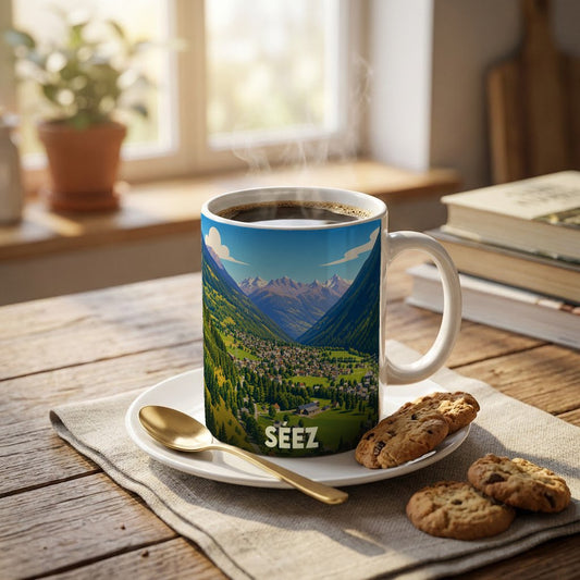 Mug souvenir de la ville de Séez orné d'une illustration panoramique de ses montagnes et de sa vallée.
