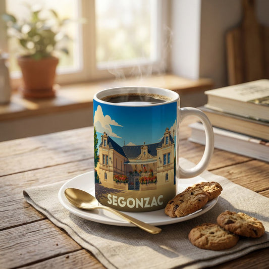 Mug souvenir de la ville de Segonzac illustré d'un bâtiment de style classique sous un ciel bleu.