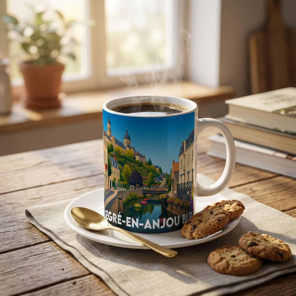 Mug souvenir de Segré-en-Anjou Bleu avec une illustration stylisée de la ville.