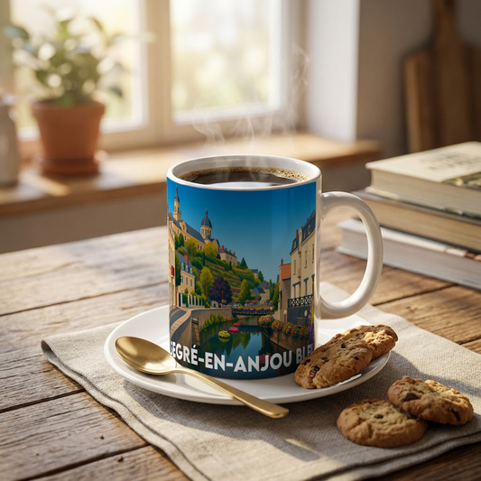 Mug souvenir de Segré-en-Anjou Bleu avec une illustration stylisée de la ville.