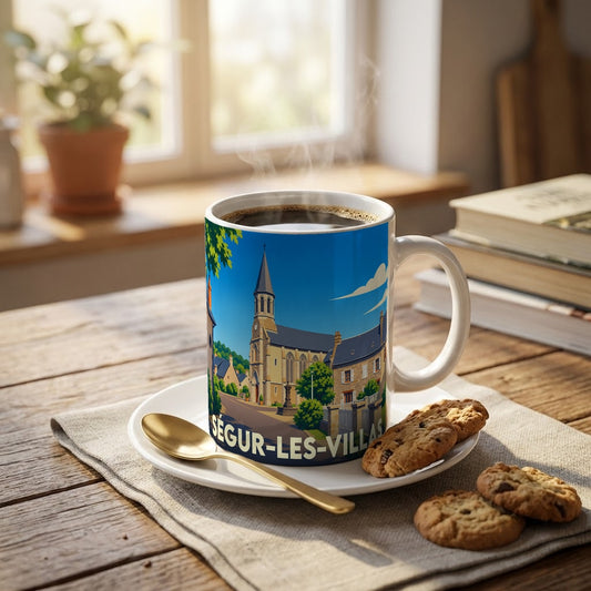 Mug souvenir de la ville de Ségur-les-Villas avec une illustration stylisée d'une église sous un ciel bleu.