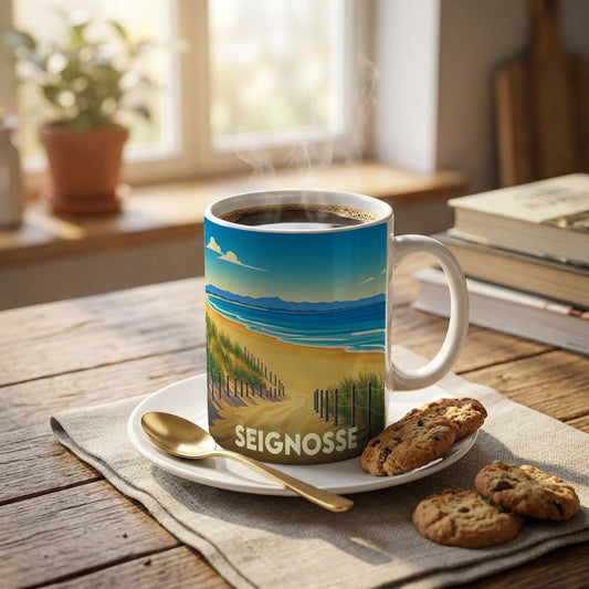 Mug souvenir de la ville de Seignosse avec une illustration stylisée de plage et de dunes.