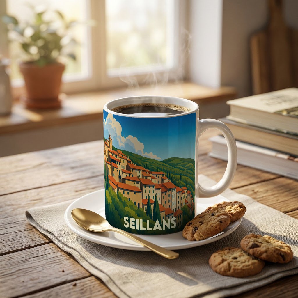 Mug souvenir de la ville de Seillans orné d'une illustration stylisée de son village perché.