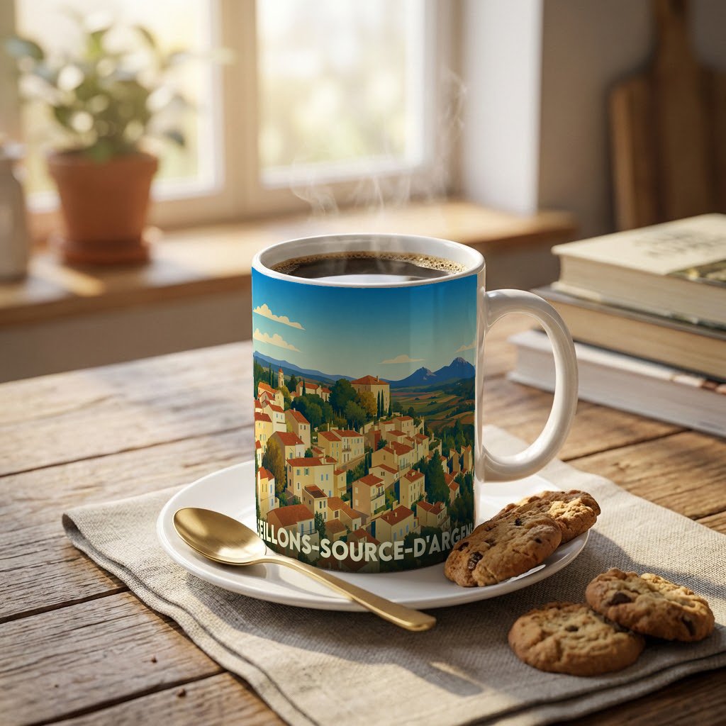 Mug souvenir de la ville de Seillons-Source-d'Argens avec une illustration stylisée de son paysage provençal.