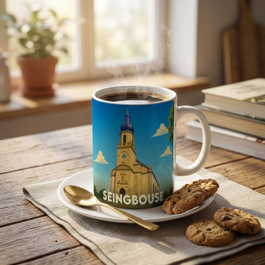Mug souvenir de la ville de Seingbouse avec une illustration stylisée de son église.