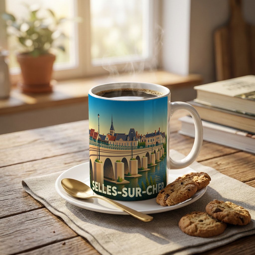 Mug souvenir de la ville de Selles-sur-Cher orné d'une illustration stylisée de son pont et de ses bâtiments.