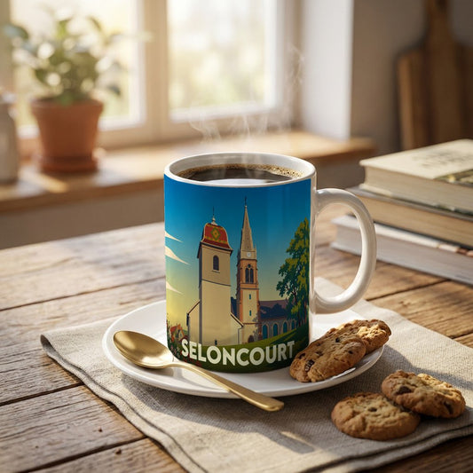 Mug souvenir de la ville de Seloncourt avec une illustration stylisée de son église.