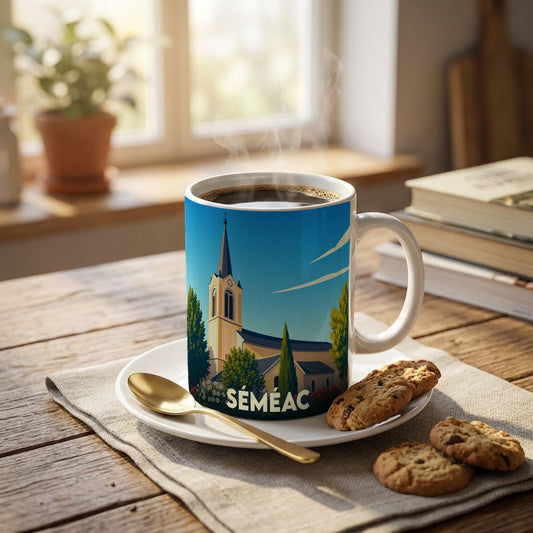 Mug souvenir de la ville de Séméac illustré d'une église stylisée sous un ciel bleu.
