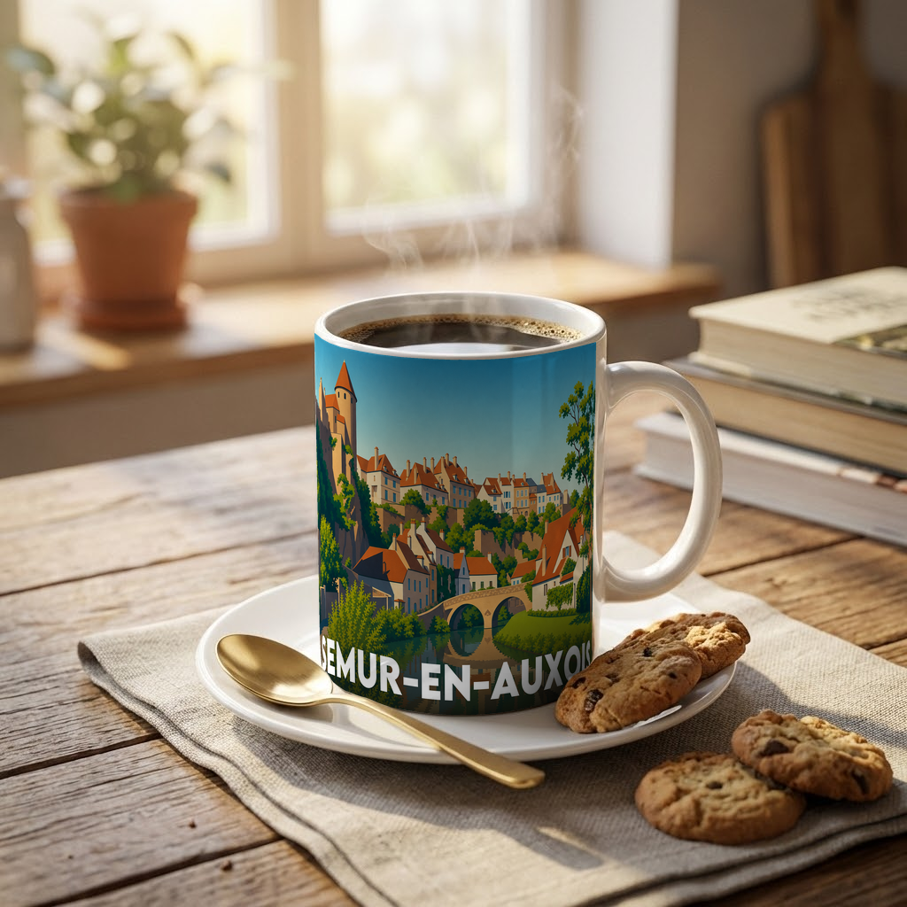 Mug souvenir de la ville de Semur-en-Auxois orné d'une illustration stylisée de son paysage urbain.