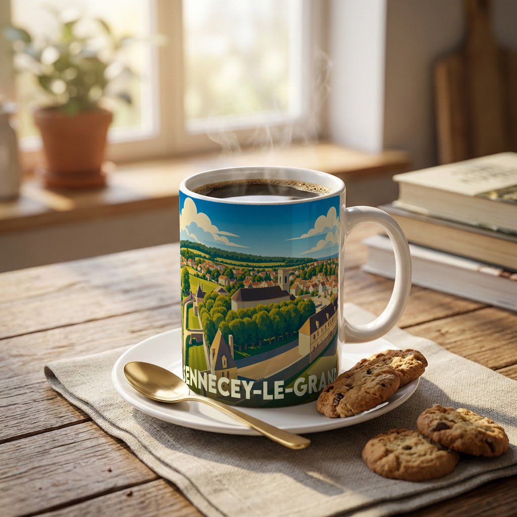 Mug souvenir de la ville de Sennecey-le-Grand avec une illustration stylisée d'un paysage urbain.