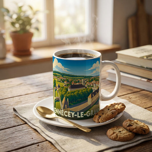 Mug souvenir de la ville de Sennecey-le-Grand avec une illustration stylisée d'un paysage urbain.