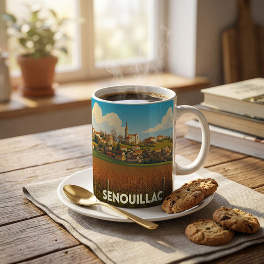 Mug souvenir de la ville de Senouillac orné d'une illustration stylisée de son paysage urbain et de ses vignobles.