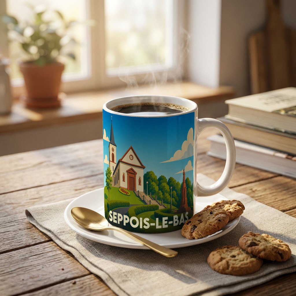 Mug souvenir de la ville de Seppois-le-Bas avec une illustration stylisée d'une église.