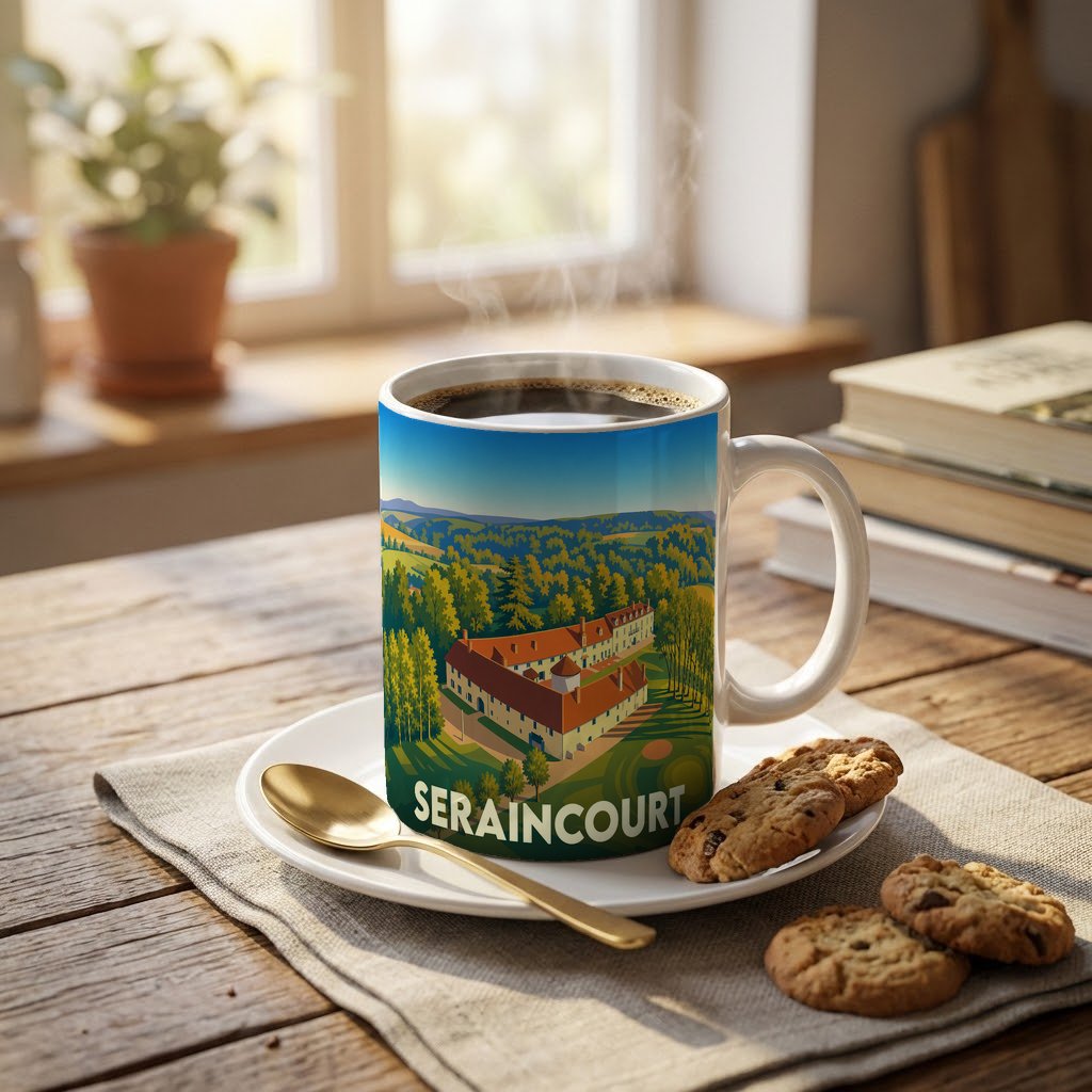 Mug souvenir de la ville de Seraincourt orné d'une illustration stylisée du paysage local.