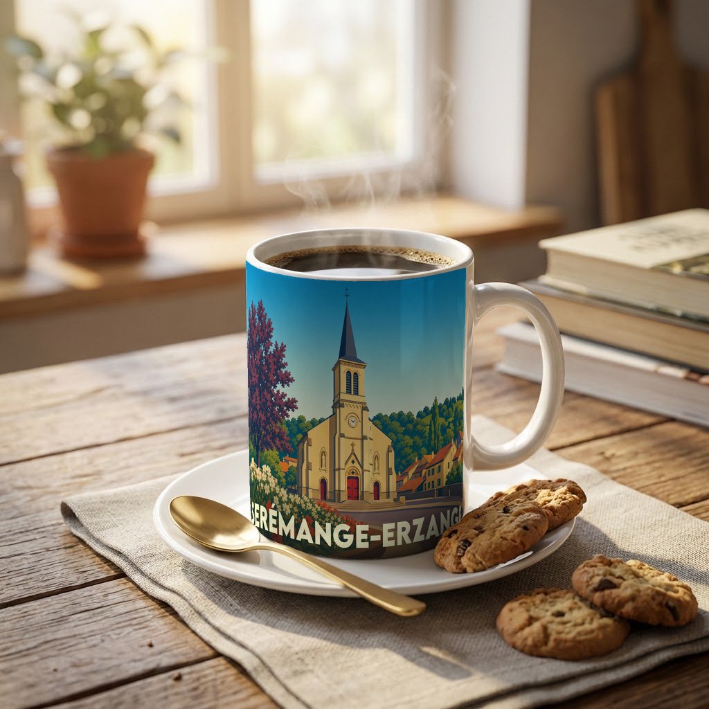 Mug souvenir de la ville de Serémange-Erzange avec une illustration stylisée de son église.