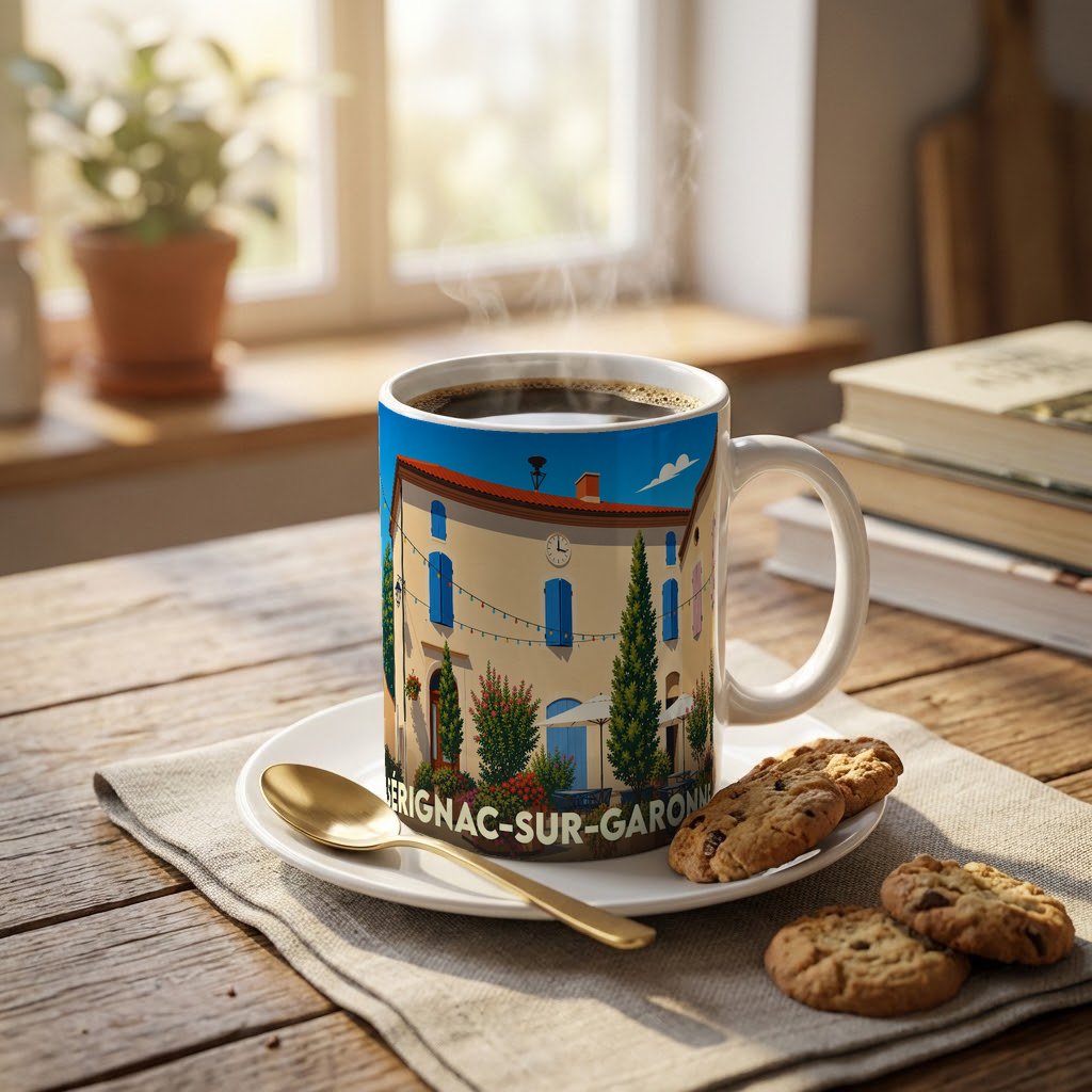 Mug souvenir de Sérignac-sur-Garonne illustré d’une scène de village ensoleillée.