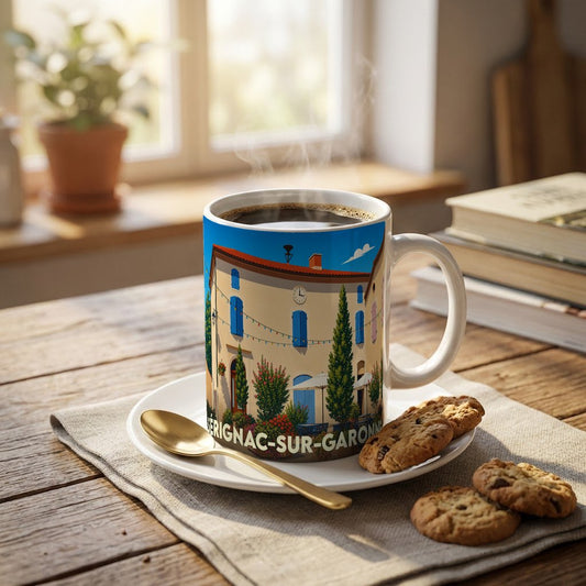 Mug souvenir de Sérignac-sur-Garonne illustré d’une scène de village ensoleillée.