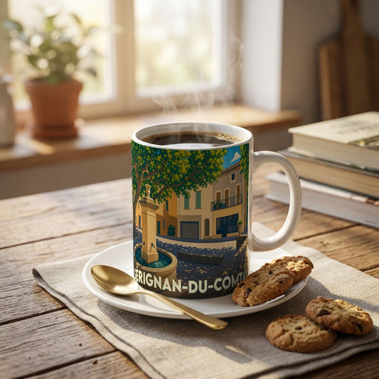 Mug souvenir de Sérignan-du-Comtat orné d'une illustration stylisée de la ville.