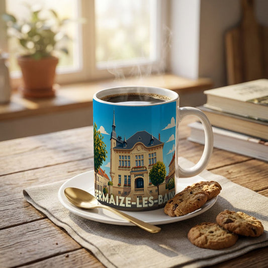 Mug souvenir de la ville de Sermaize-les-Bains avec une illustration stylisée de son architecture.