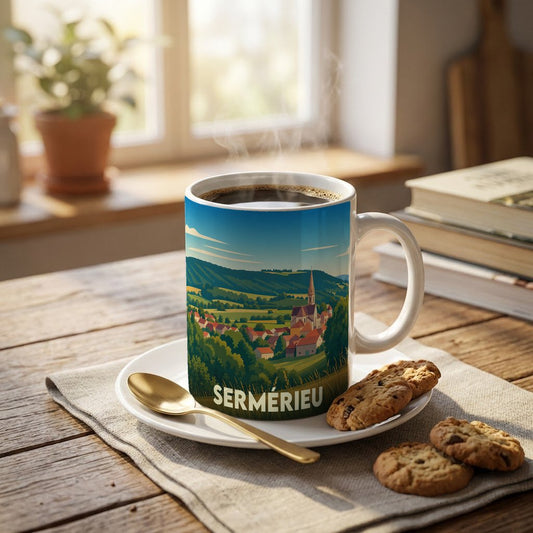 Mug souvenir de la ville de Sermérieu orné d'une illustration stylisée du village et de son clocher.