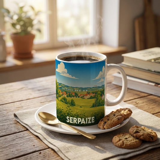 Mug souvenir de la ville de Serpaize orné d'une illustration paysagère stylisée.