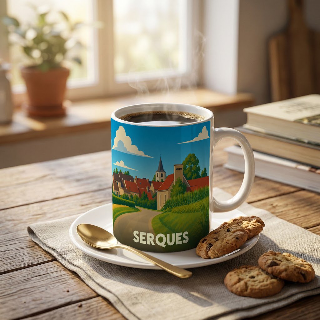Mug souvenir de la ville de Serques orné d'une illustration stylisée de son paysage et de ses maisons.