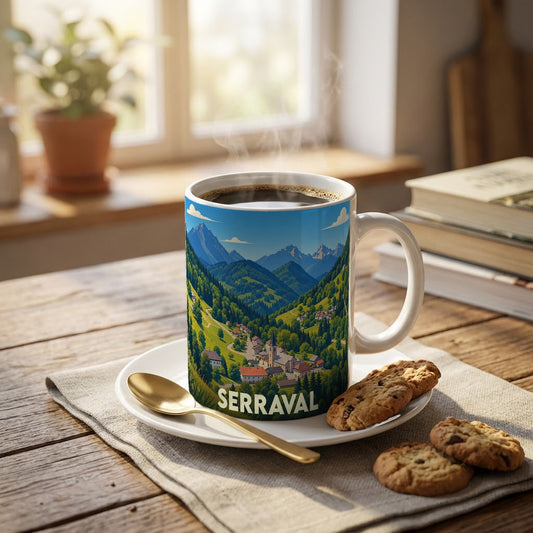 Mug souvenir de la ville de Serraval orné d'une illustration de paysage montagneux.