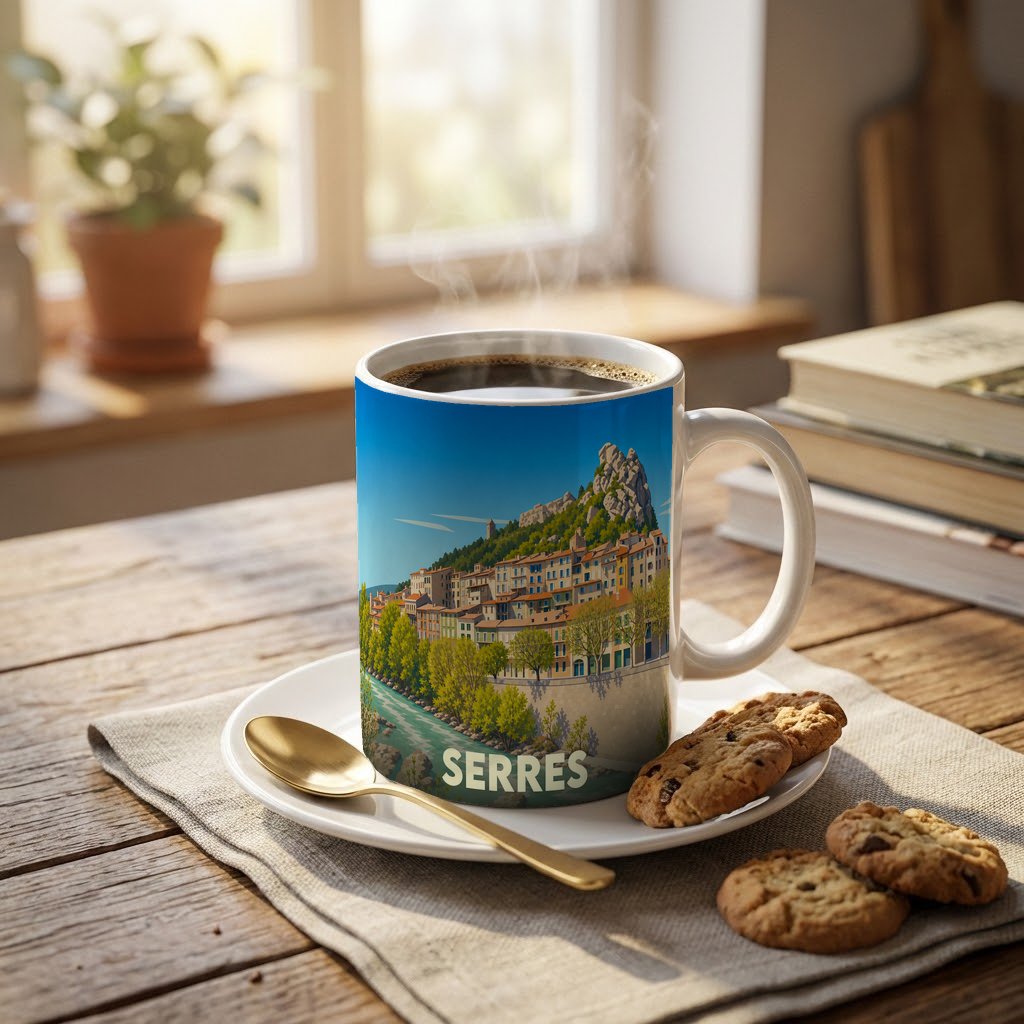 Mug souvenir de la ville de Serres orné d'une illustration stylisée d'un village provençal au bord de l'eau.