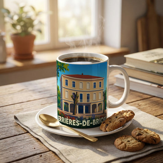 Mug souvenir de la ville de Serrières-de-Briord orné d'une illustration stylisée de bâtiment ancien.