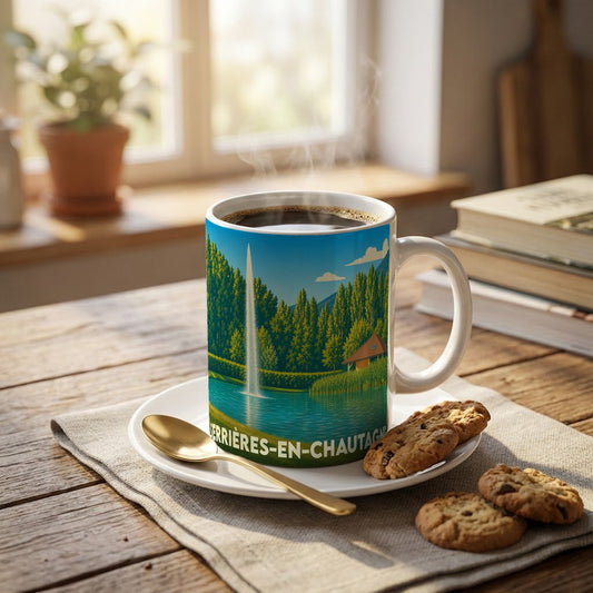 Mug souvenir de la ville de Serrières-en-Chautagne avec une illustration stylisée de son paysage.