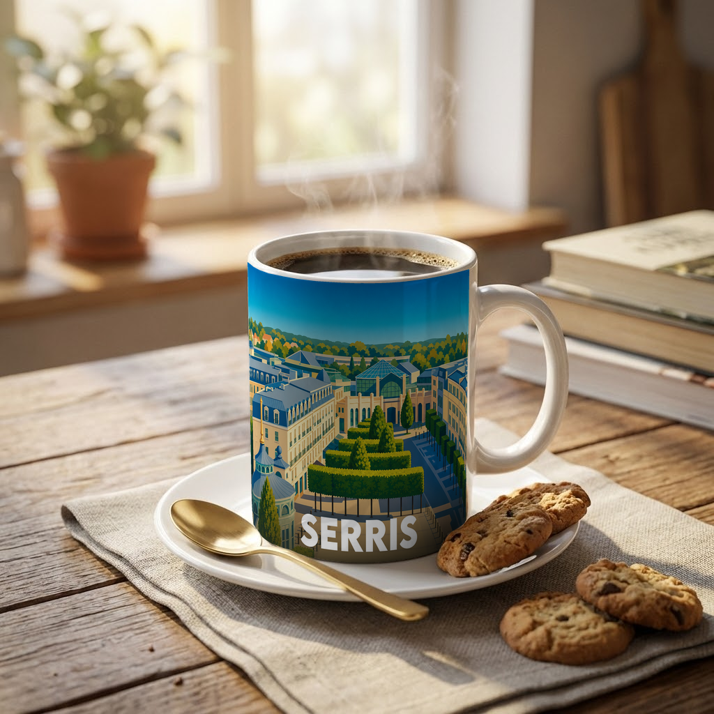 Mug souvenir de la ville de Serris orné d'une illustration urbaine colorée.