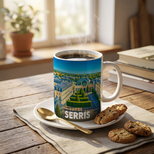 Mug souvenir de la ville de Serris orné d'une illustration urbaine colorée.