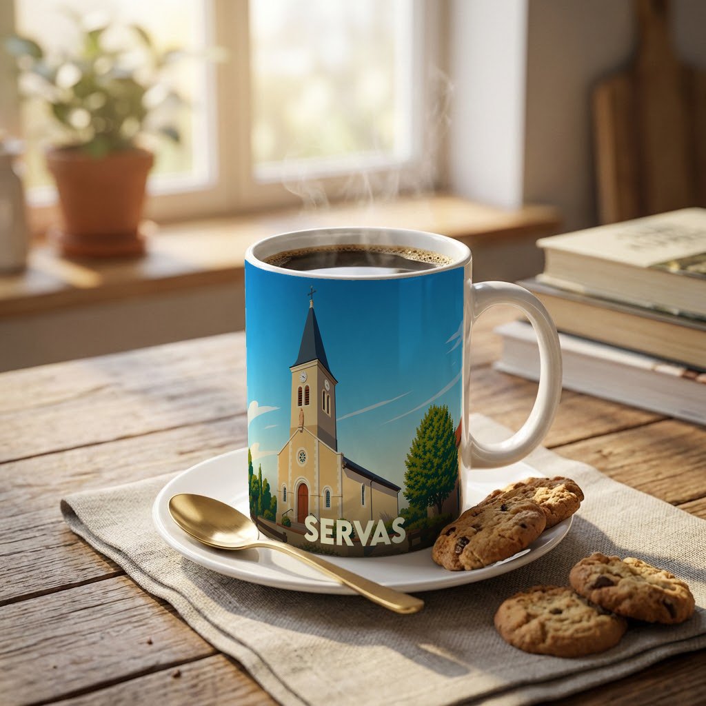 Mug souvenir de la ville de Servas orné d'une illustration stylisée de son église.
